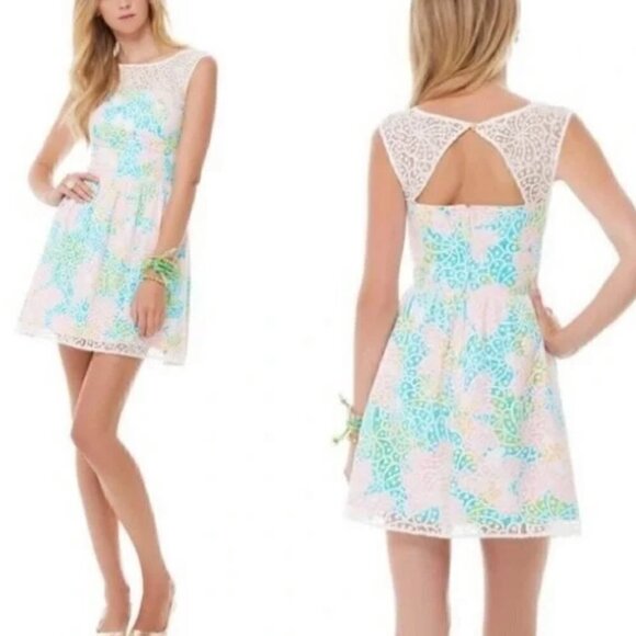 Lilly Pulitzer Morrison Lace Overlay Sleeveless Dress Cutout Back Pink Blue Sz 8 - Picture 1 of 14